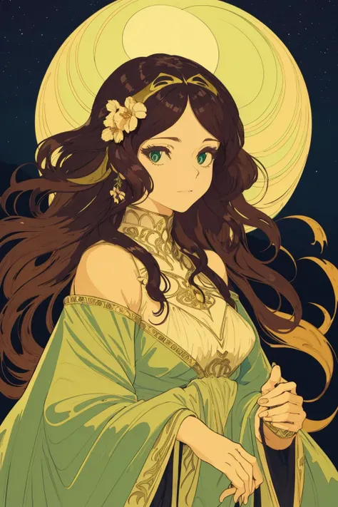1girl, solo, modern art, abstract, Alphonse Mucha, oil painting, vibrant colors, flowing lines, asymmetrical composition, geometric shapes, gold accents, tall and slender, brunette hair, long flowing locks, loose waves, floral hairpin, mesmerizing emerald green eyes, almond-shaped eyes, serene expression, modest bust size, flowing gown, intricate patterns, reminiscent of Art Nouveau, swirling background, celestial motifs, moonlit night, ethereal glow, gentle brush strokes. <lora:BARD713V3:1>