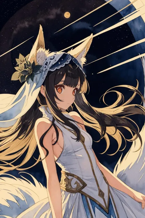 (hyper extreme detailed,masterpiece,best quality:1.2),(watercolor:1.1),dynamic angle,floating,beautiful detailed glow,1girl,solo,sfw,white long hair and fox ears,red eyes,bangs,parted bangs,eyes visible through hair,sidelocks,hair intakes,small breasts,veil,bare shoulders,navel,starry sky,desert,floating sand flow,colorful bubble <lora:BARD713_V71:1>