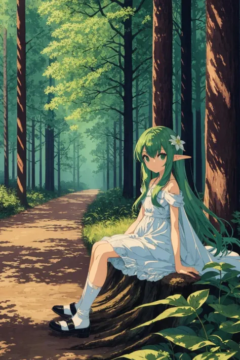 (masterpiece,best quality,illustration,official art:1.05),(tachi-e:1.12),full body,sitting,looking at viewer,solo,1girl,elf girl,long hair,green hair,[green|blue] eyes,dress,white hair flower,hair ornament,(age8),(child),wind,leaf,tree,forest,  <lora:BARD713_V71:1>