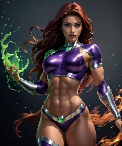 woman in her 20s, (tan skin), (starfire), (perfect face), defined jawline, (beautiful bright green eyes), beautiful black lips, , long messy flowing red hair, (perfect anatomy), (athletic body), thick thighs, (sexy), abs, (perfect hands), (purple superhero outfit), (silver trimming on outfit), metal arm guards, green gems, exposed midriff, (power pose), looking at viewer, (medium shot photograph), (dark studio background), photorealistic