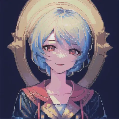 masterpiece portrait of smiling Rei Ayanami \(evangelion\), evangelion \(Hideaki\), caustics, textile shading, high resolution illustration, red eyes, feminine, no pupils, blue hair, short hair