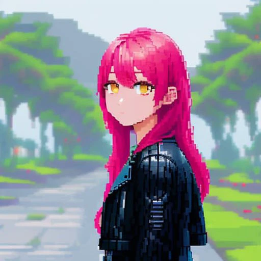tree, 1girl, solo, jacket, pink hair, blurry, looking at viewer, outdoors, leather, long hair, grey eyes, black jacket, leather jacket, bangs, blurry background, upper body, black eyes, closed mouth, depth of field, grass, zipper, artist name, palm tree