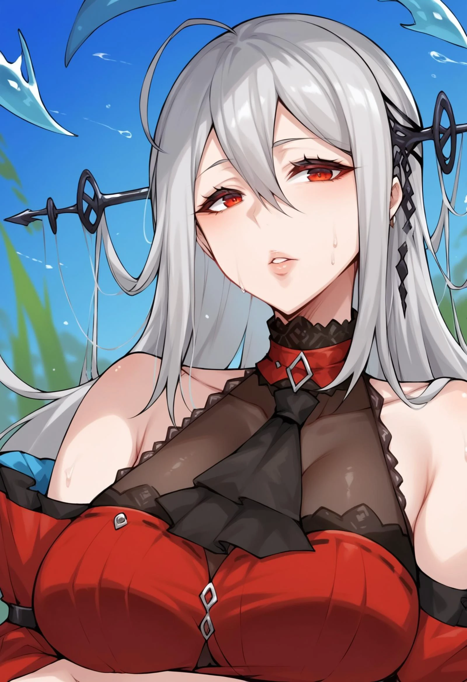 <lora:PONY-ç»-Asa Yohoki:1> ,score_9, score_8_up, score_8, anime style, source_anime,1girl,solo, <lora:PONY-人-ç²¥all:0.7>,skadi_\(arknights\), red_eyes, very_long_hair, grey_hair, bare_shoulders, skadi_the_corrupting_heart_\(arknights\), hair_between_eyes, official_alternate_costume, detached_sleeves, red_dress, large_breasts, black_ascot, white_hair, parted_lips,looking at viewer,, uncensored,<lora:add-detail-xl:1>,<lora:Expressive_H-000001:0.8>
