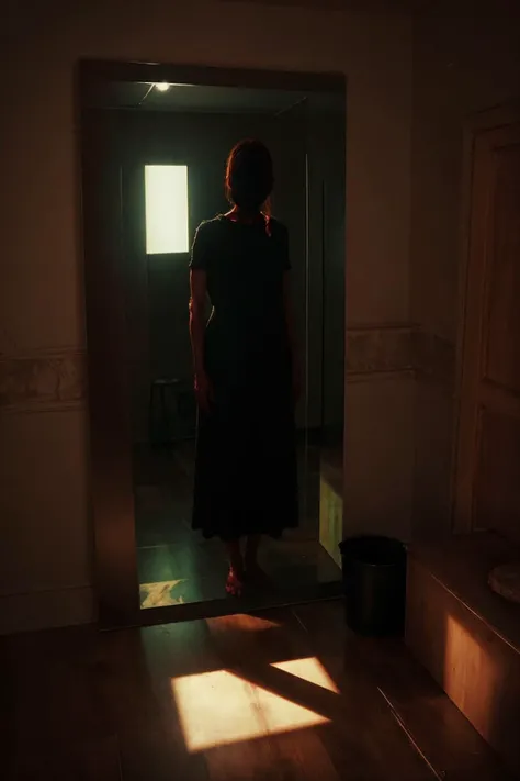 <lora:panoscosmatos-000005>
panosstyle style, made of clay, a woman in the corner of a room next to a mirror in a dark room, reflection,