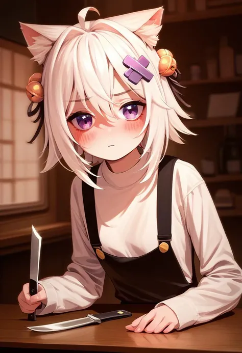 rating_safe, <lora:Filian_for_PonyXL:1>, filian, solo, hair bell, blush, small breasts, indoors, x hair ornament, bell, looking at viewer, white hair, ahoge, hair intakes, bangs, cat ears, hair between eyes, long sleeves, :t, holding knife, animal ear fluff, badge, table, shirt, black suspenders, score_9, score_8_up, score_7_up, score_6_up, score_5_up, score_4_up