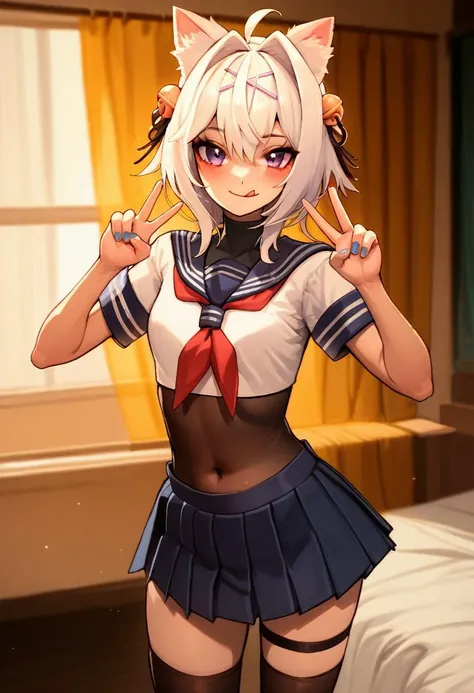 8k, Solo Beautiful (Kogaru Gal) girl, Aika Takane, ponytail, Hair Ribbon, false smile,
Golden accessories, jewelry, bracelet, [compensate], 
, serafuku, Pleated skirt, zettai ryouiki, Skin dents, 
Pose for a photo, Sexually suggestive, Giggling,