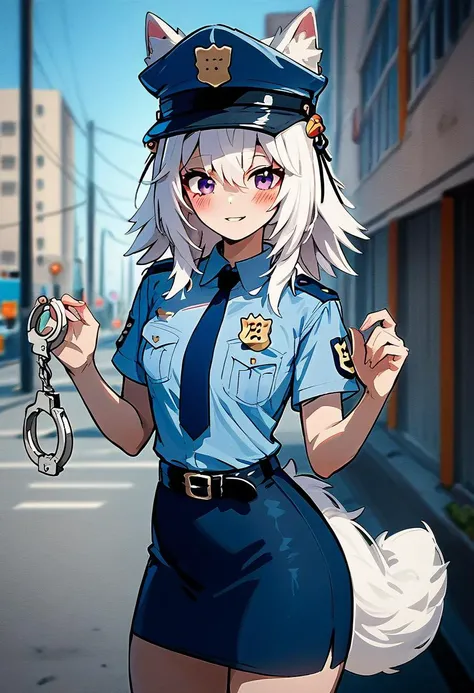 rating_safe, <lora:Filian_for_PonyXL:1>, filian, police uniform, solo, policewoman, holding handcuffs, white hair, skirt, cuffs, badge, police hat, blush, blue skirt, parted lips, blue shirt, belt, pencil skirt, black belt, looking at viewer, short sleeves, city street, afternoon, bangs, breasts, collared shirt, blue necktie, hair between eyes, smile, wolf girl, wolf ears, blue headwear, cowboy shot, wolf tail, score_9, score_8_up, score_7_up, score_6_up, score_5_up, score_4_up