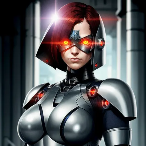sweet cyborg lass duty as warden in prison, red cybernetic eyes under face shield, close-up, avatar for social network, heavy armor, J. J. Abrams style