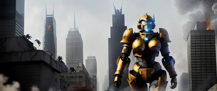 fat busty giant robot girl walking between skyscrapers, post-apocalyptic ruined city, multiple city fires, helmer, face mask, heavy knight futuristic armor, mecha, exosuit, photorealistic