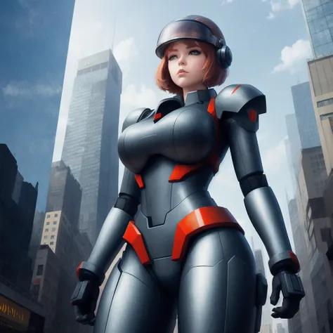 fat busty giant robot girl walking between skyscrapers, eyes are hidden by helmet visor, photorealistic