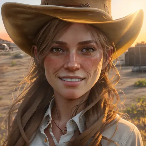 Sadie Adler, 4k, f/1.8, volumetric lighting, (long, straight hair:1.5), ((brown eyes)), smiling at the camera, wearing a ((cowboy hat)), wearing a white shirt, ((at sunrise))<lora:Sadie Adler:1>