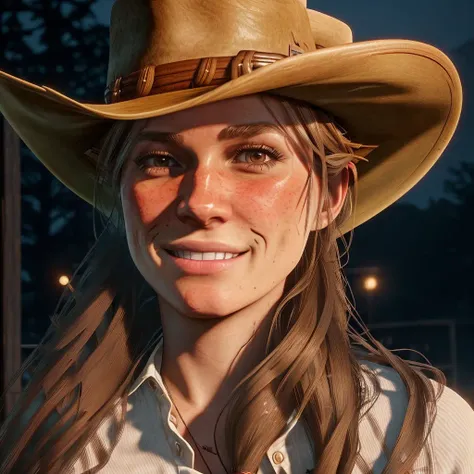 Sadie Adler, 4k, f/1.8, volumetric lighting, (long, straight hair:1.5), ((brown eyes)), smiling at the camera, wearing a ((cowboy hat)), wearing a white shirt, ((at night))<lora:Sadie Adler:1>