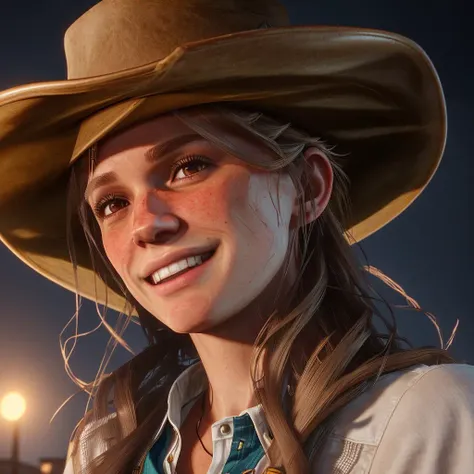 Sadie Adler, 4k, f/1.8, volumetric lighting, (long, straight hair:1.5), ((brown eyes)), smiling at the camera, wearing a ((cowboy hat)), wearing a white shirt, ((at night)) <lora:Sadie Adler:1>