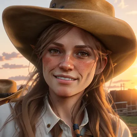 Sadie Adler, 4k, f/1.8, volumetric lighting, (long, straight hair:1.5), ((brown eyes)), smiling at the camera, wearing a ((cowboy hat)), wearing a white shirt, ((at sunset))<lora:Sadie Adler:1>