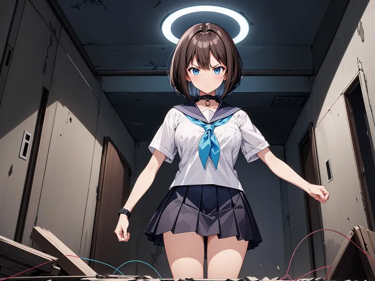 (masterpiece, best quality, highres, absurdres:1.3) (illustration:1.1), (anime:1.2), (art by kantoku:1.2), perfect shadow.
BREAK
1girl, (solo:1.8), (medium breasts:1.2), (standing:1.2), (raised fist:1.2), intricate (dark brown hair:1.2), blue eyes, short hair, (bob cut:1.4), (left swept bangs:1.15), futuristic (black bracelet:1.0) on right wrist, (angry:1.2), (serious, determined:1.2)
BREAK
(white sailor shirt:1.2), (dark blue pleated skirt:1.2), (dark blue sailor collar:1.2), (light blue neckerchief:1.25), short sleeves, detailed ultra photorealistic abandoned underground facility, cracked walls, fallen wires, scattered futuristic equipment, (indoors:1.2), (underground:1.2)sidelighting, dynamic angle, <lora:shadowfix3:0.5> <lora:hyperdetailer_v095:0.5> <lora:hinaMaybeBetterPose_v2:0.5>,