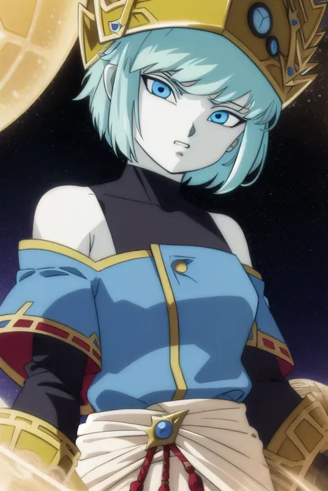 dragonballaeos, <lyco:dragonballaeos-lyco-nochekaiser:1>, 
aeos formone, short hair, gloves, long sleeves, hat, bare shoulders, blue hair, pants, white gloves, off shoulder, colored skin, turtleneck, crown, covered collarbone,
BREAK ,
BREAK outdoors, space, star \(sky\), sun, 
BREAK looking at viewer,
BREAK <lyco:GoodHands-beta2:1>, (masterpiece:1.2), best quality, high resolution, unity 8k wallpaper, (illustration:0.8), (beautiful detailed eyes:1.6), extremely detailed face, perfect lighting, extremely detailed CG, (perfect hands, perfect anatomy),