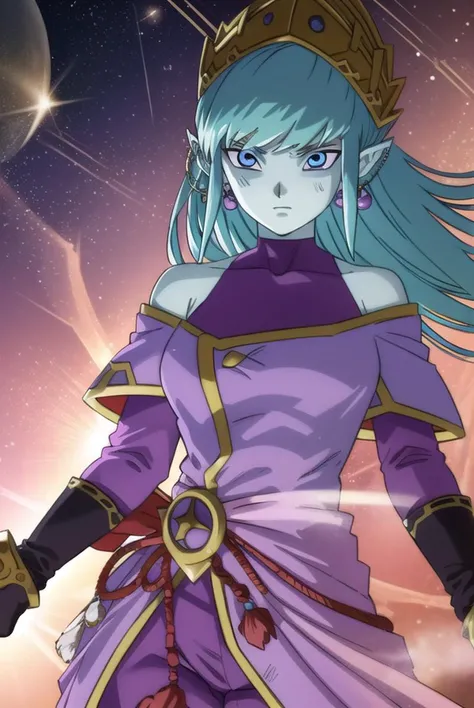 dragonballaeos, <lyco:dragonballaeos-lyco-nochekaiser:1>,
aeos formtwo, long hair, gloves, jewelry, blue hair, earrings, pointy ears, pants, aqua hair, (colored skin:1.5), baggy pants, dress, (purple dress:1.5), leotard, (pink leotard:1.5),
BREAK ,
BREAK outdoors, space, star \(sky\), sun,
BREAK looking at viewer,
BREAK <lyco:GoodHands-beta2:1>, (masterpiece:1.2), best quality, high resolution, unity 8k wallpaper, (illustration:0.8), (beautiful detailed eyes:1.6), extremely detailed face, perfect lighting, extremely detailed CG, (perfect hands, perfect anatomy),