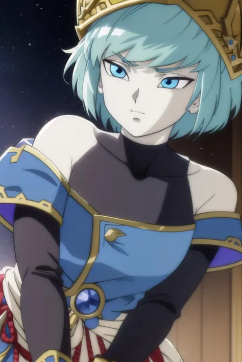 dragonballaeos, <lyco:dragonballaeos-lyco-nochekaiser:1>, 
aeos formone, short hair, gloves, long sleeves, hat, bare shoulders, blue hair, pants, white gloves, off shoulder, colored skin, turtleneck, crown, covered collarbone,
BREAK ,
BREAK outdoors, space, star \(sky\), sun, 
BREAK looking at viewer,
BREAK <lyco:GoodHands-beta2:1>, (masterpiece:1.2), best quality, high resolution, unity 8k wallpaper, (illustration:0.8), (beautiful detailed eyes:1.6), extremely detailed face, perfect lighting, extremely detailed CG, (perfect hands, perfect anatomy),