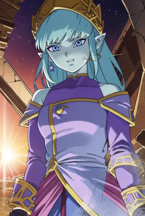 dragonballaeos, <lyco:dragonballaeos-lyco-nochekaiser:1>,
aeos formtwo, long hair, gloves, jewelry, blue hair, earrings, pointy ears, pants, aqua hair, (colored skin:1.5), baggy pants, dress, (purple dress:1.5), leotard, (pink leotard:1.5),
BREAK ,
BREAK outdoors, space, star \(sky\), sun,
BREAK looking at viewer,
BREAK <lyco:GoodHands-beta2:1>, (masterpiece:1.2), best quality, high resolution, unity 8k wallpaper, (illustration:0.8), (beautiful detailed eyes:1.6), extremely detailed face, perfect lighting, extremely detailed CG, (perfect hands, perfect anatomy),