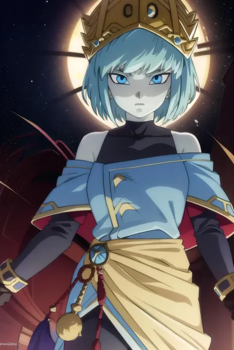dragonballaeos, <lyco:dragonballaeos-lyco-nochekaiser:1>,
aeos formone, short hair, gloves, long sleeves, hat, bare shoulders, blue hair, pants, white gloves, off shoulder, colored skin, turtleneck, crown, covered collarbone,
BREAK ,
BREAK outdoors, space, star \(sky\), sun,
BREAK looking at viewer,
BREAK <lyco:GoodHands-beta2:1>, (masterpiece:1.2), best quality, high resolution, unity 8k wallpaper, (illustration:0.8), (beautiful detailed eyes:1.6), extremely detailed face, perfect lighting, extremely detailed CG, (perfect hands, perfect anatomy),
