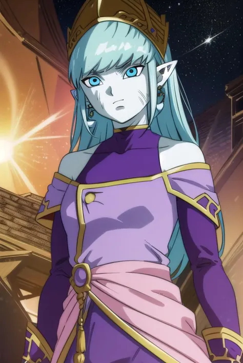 dragonballaeos, <lyco:dragonballaeos-lyco-nochekaiser:1>,
aeos formtwo, long hair, gloves, jewelry, blue hair, earrings, pointy ears, pants, aqua hair, (colored skin:1.5), baggy pants, dress, (purple dress:1.5), leotard, (pink leotard:1.5),
BREAK ,
BREAK outdoors, space, star \(sky\), sun,
BREAK looking at viewer,
BREAK <lyco:GoodHands-beta2:1>, (masterpiece:1.2), best quality, high resolution, unity 8k wallpaper, (illustration:0.8), (beautiful detailed eyes:1.6), extremely detailed face, perfect lighting, extremely detailed CG, (perfect hands, perfect anatomy),