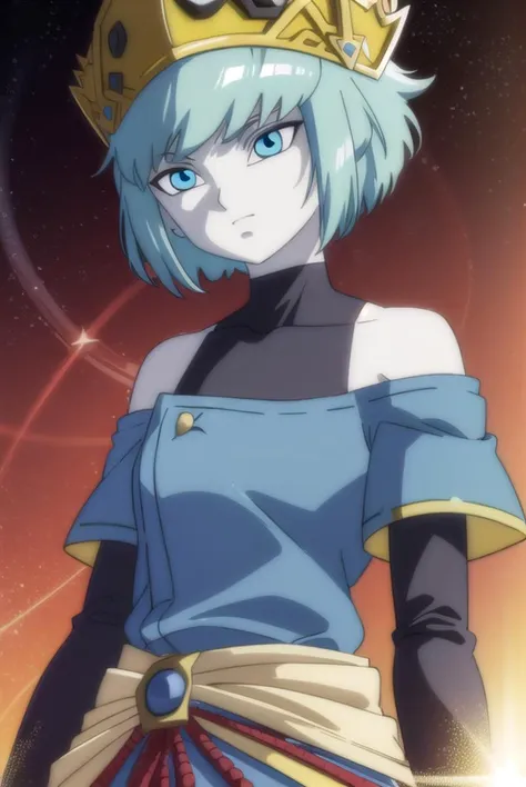 dragonballaeos, <lyco:dragonballaeos-lyco-nochekaiser:1>, 
aeos formone, short hair, gloves, long sleeves, hat, bare shoulders, blue hair, pants, white gloves, off shoulder, colored skin, turtleneck, crown, covered collarbone,
BREAK ,
BREAK outdoors, space, star \(sky\), sun, 
BREAK looking at viewer,
BREAK <lyco:GoodHands-beta2:1>, (masterpiece:1.2), best quality, high resolution, unity 8k wallpaper, (illustration:0.8), (beautiful detailed eyes:1.6), extremely detailed face, perfect lighting, extremely detailed CG, (perfect hands, perfect anatomy),