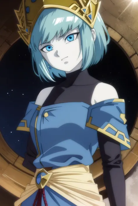 dragonballaeos, <lyco:dragonballaeos-lyco-nochekaiser:1>, 
aeos formone, short hair, gloves, long sleeves, hat, bare shoulders, blue hair, pants, white gloves, off shoulder, colored skin, turtleneck, crown, covered collarbone,
BREAK ,
BREAK outdoors, space, star \(sky\), sun, 
BREAK looking at viewer,
BREAK <lyco:GoodHands-beta2:1>, (masterpiece:1.2), best quality, high resolution, unity 8k wallpaper, (illustration:0.8), (beautiful detailed eyes:1.6), extremely detailed face, perfect lighting, extremely detailed CG, (perfect hands, perfect anatomy),