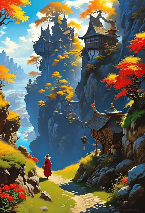 fantasy illustration by John Howe, James C. Christensen, Richard Hescox, Hayao Miyazaki, studio Ghibli, hyperdetailed, hyper quality, artstation winning award, bright highlights, deep shadows