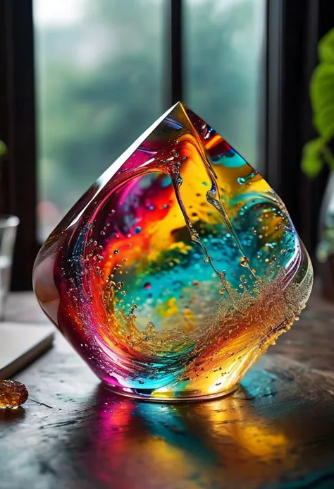 Generate a captivating artwork showcasing abstract shapes composed of glass, diamonds, and gold, with a dispersion effect emanating from the glass. Emphasize intricate details, refined lines, and vibrant colors throughout the composition. Ensure that the focus remains on the abstract elements rather than human subjects.