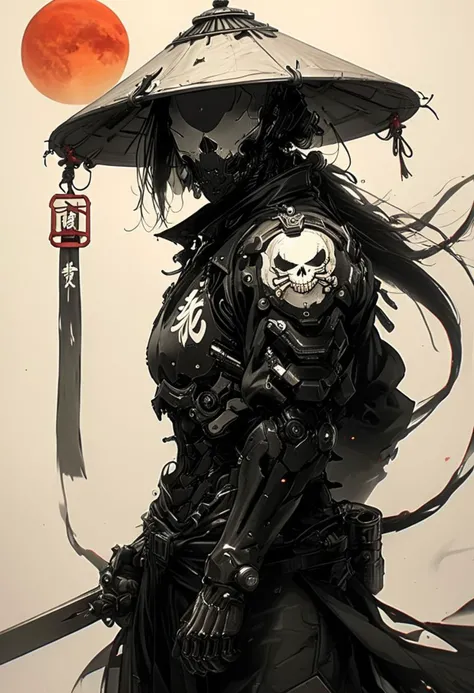 assassinkahb style, a black and white photo of an Cyborg Samurai assassin wearing a high collar motorcycle jacket with japanese writing on the back, fight stance, fists up, Split, solo, simple background, shoulders implementations of wires and nano Future Tech, Large sedge hat, 1boy, white background, jacket, monochrome, upper body, greyscale, male focus, long hair in wind, weapon, clothes writing, skull, skeleton, japanese flag, creating a Synthwave sunrise scene with bleaked dark colorful Neon and black details,