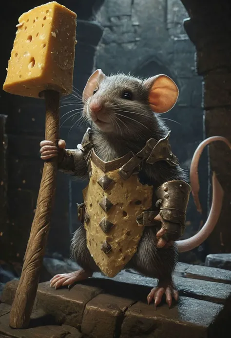 a towering humanoid rat, wearing medieval armor, exuding might and majesty, clutching a enormous hammer crafted entirely of cheese. The hammer s texture resembles that of aged cheddar, with holes. The mouse is standing in a dark dungeon, ready to fight for his life