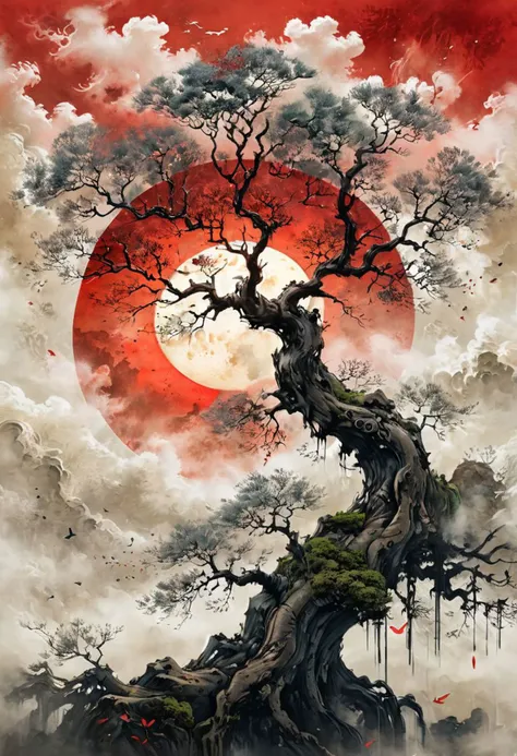Old tree, A detailed illustration muted chinese ink painting, muted colors, rice paper texture, splash paint, halo ai, one human, one red sun. Venus. Space. Clouds wet to wet techniques. vibrant vector. using Cinema 4D<lora:xl_more_art-full_v1:0.5>