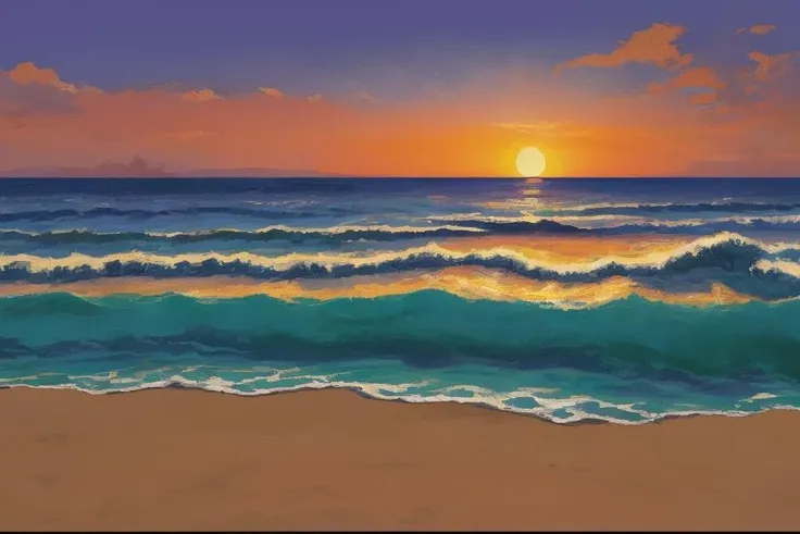 Sunset beach,Gradual blending,Progressive color transformation,Impressionistic,Monet,Include palm trees and seagulls,Vibrant hues of orange, pink, and purple,Soft, warm glow, cinematic, (muted colors:1.2), background (filmic:0.7)