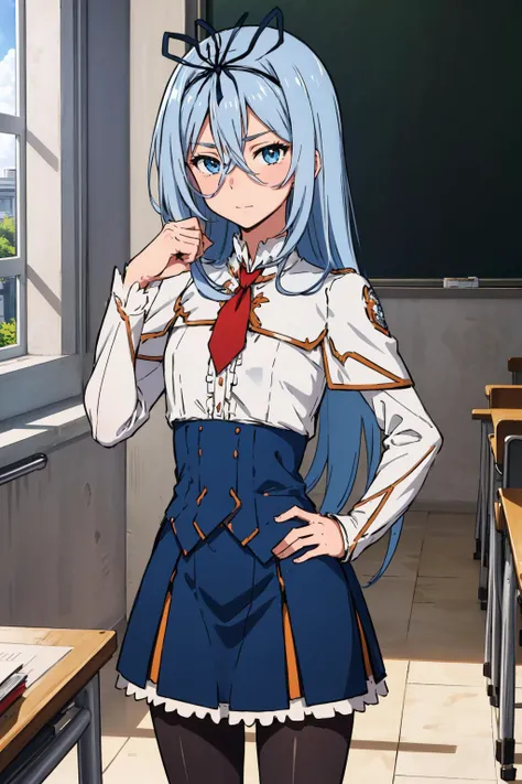 masterpiece, best quality, <lora:CHAR-KrulciferEinfolk:1> KrulciferEinfolk, long hair, hair ribbon, red necktie, school uniform, white shirt, blue skirt, black pantyhose, cowboy shot, looking at viewer, hand on hip, hand up, classroom