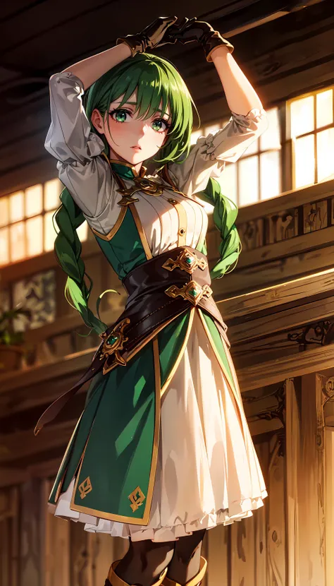 photorealistic, (4k), depth of field, (Masterpiece), (realistic skin texture), extremely detailed, intricate, hyper detailed, professional photography, bokeh, high resolution, sharp detail, best quality, girl, green hair, twin braids, long braids, green eyes, puffy sleeves, green and white dress, leather gloves, <lora:GoodHands-vanilla:0.8> , <lora:detail_slider_v4:0.8> , dynamic pose, standing splits, <lora:Rishia Ivyred:0.7> ,
