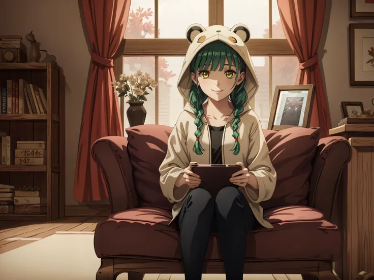 (masterpiece:1.2, best quality:1.1, highres,absurdres, high quality),(photorealistic:1.1),reflected light, colorful,ultra-detailed, ultra hd, super detailed, soft light, 
,green eyes, green hair, twin braids, 1girl, animal hood, hood up, frog ears,indoors, living room, hold smartphone, smile, sitting, black pants,(couch):1.4, 
<lora:Rishia Ivyred:0.7>   <lora:p0tatcaho:0.6>