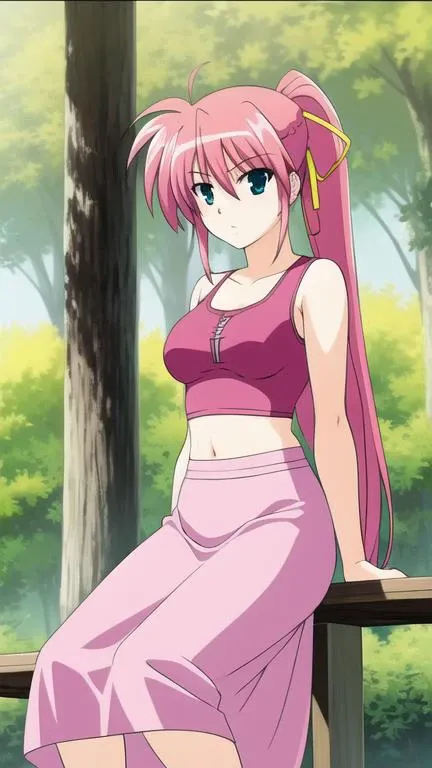 signum, 1girl, hair ribbon,
tank top, long skirt, park, park bench, 
<lora:nanoha-strikers-signum:0.8>