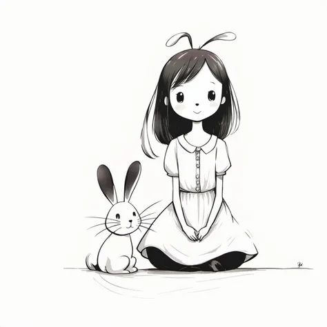 <lora:xiaohua:0.9>,xh,1girl,monochrome,greyscale,white background,simple background,smile,sitting,long hair,:3,dress,seiza,bangs,short sleeves,closed mouth,looking at viewer,antenna hair,rabbit,