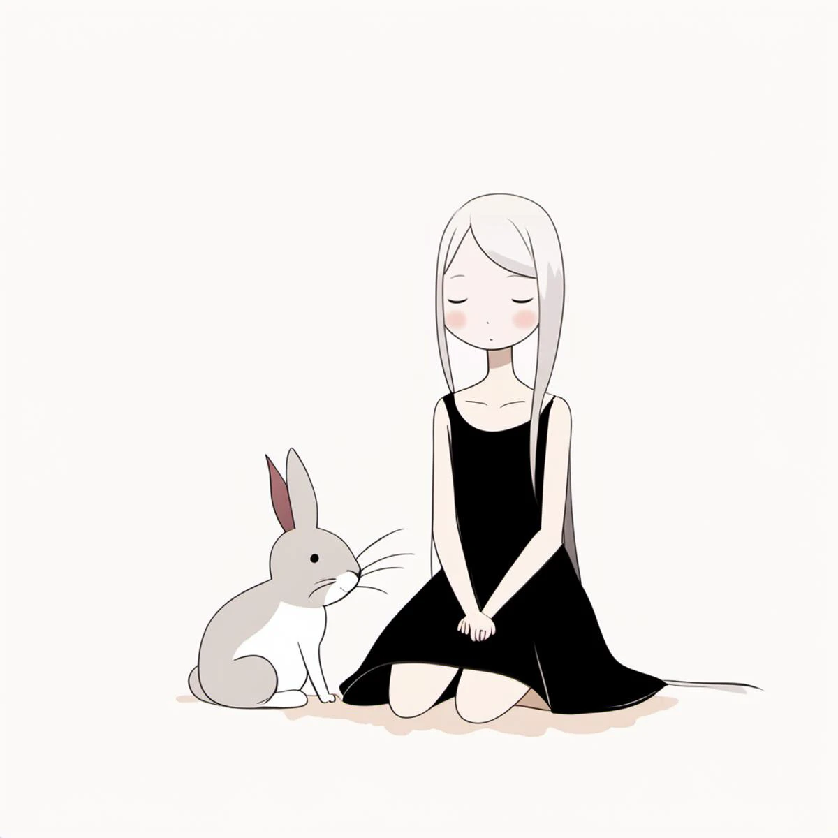 <lora:xiaohua:0.9>,xh,1girl,rabbit,dress,closed eyes,sitting,black dress,white background,simple background,sleeveless,sleeveless dress,solo,seiza,long hair,grey hair,bare shoulders,hands on lap,bare arms,