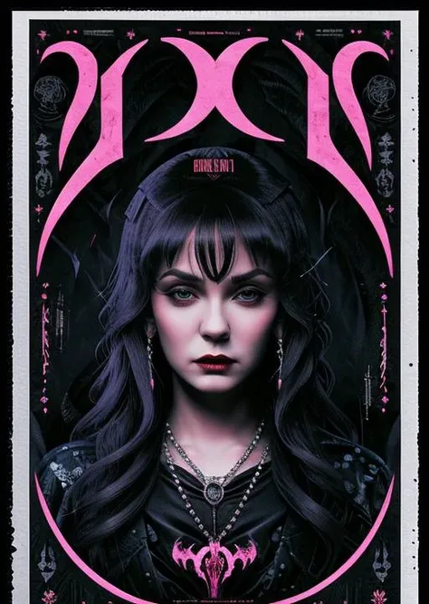 poster, ((blackletter bold lettering)), (most stunning vampire woman), logos, (grey and pink), ((best quality)), <lora:acid 3:1>