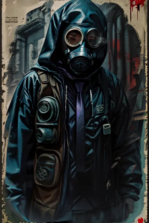 (masterpiece, hyperdetailed, best quality), ((poster, texts, lettering)), illustration, (gas mask, hood, jacket, shirt, necktie), ((blood)), ((iridescent)), grain, vignette,<lora:FX\photo concept\acid 3.safetensors:1.0:1.0>