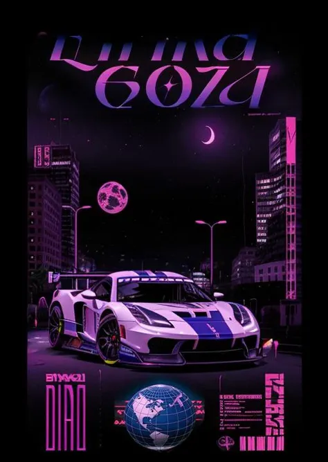 colorful holographic metallic acid poster of (racing car in a city at night scenery), (text, logos, lettering), ((best quality)) , <lora:acid 3:1>