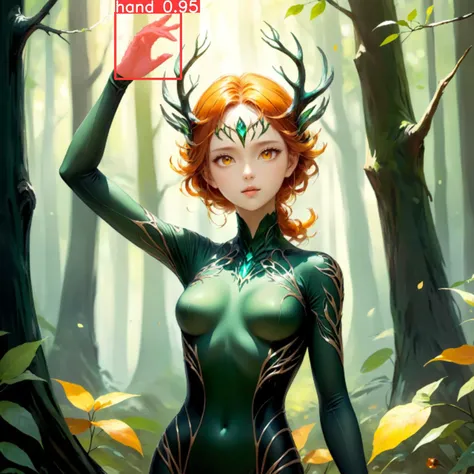 ethereal fantasy concept art of beautiful forest woman,bodysuit,upper body,hand up,Amber eyes,. magnificent,