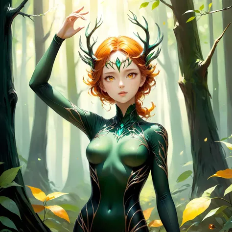 ethereal fantasy concept art of beautiful forest woman,bodysuit,upper body,hand up,Amber eyes,. magnificent,