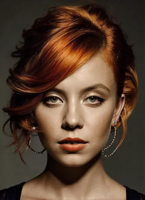 portrait of sks woman by Flora Borsi, style by Flora Borsi, bold, bright colours, orange Mohawk haircut, ((Flora Borsi)), <lora:locon_sydneysweeney_v1_from_v1_64_32:1>