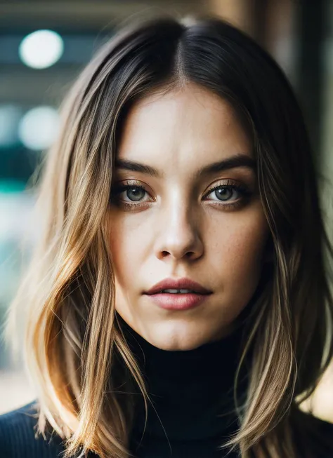 A stunning intricate full color portrait of (sks woman:1), wearing a black turtleneck, epic character composition, by ilya kuvshinov, alessio albi, nina masic, sharp focus, natural lighting, subsurface scattering, f2, 35mm, film grain, <lora:locon_sydneysweeney_v1_from_v1_64_32:1>