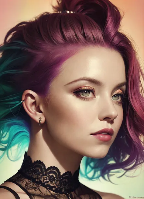 portrait of sks woman by Flora Borsi, style by Flora Borsi, bold, bright colours, rainbow Mohawk haircut, ((Flora Borsi)), <lora:locon_sydneysweeney_v1_from_v1_64_32:1>