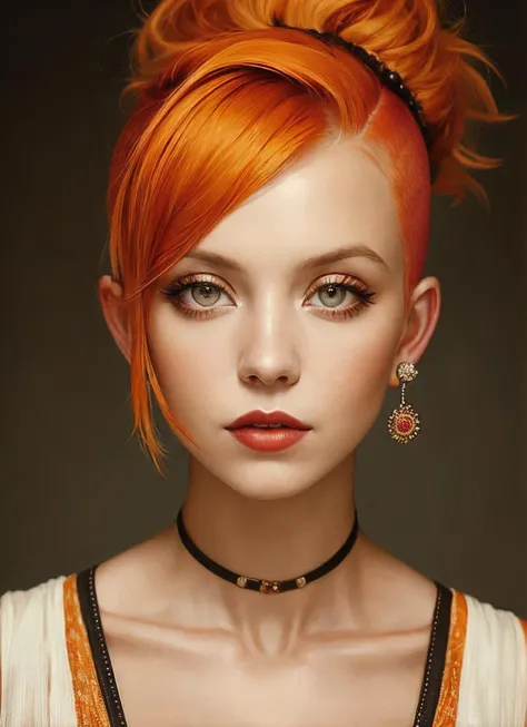portrait of sks woman by Flora Borsi, style by Flora Borsi, bold, bright colours, orange Mohawk haircut, ((Flora Borsi)), <lora:locon_sydneysweeney_v1_from_v1_64_32:1>
