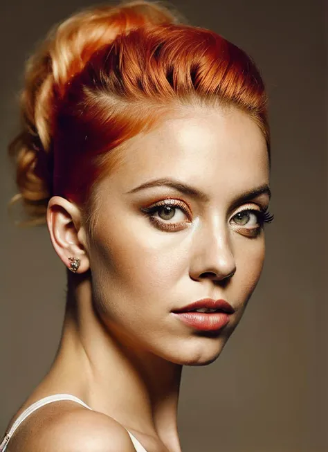 portrait of sks woman by Flora Borsi, style by Flora Borsi, bold, bright colours, orange Mohawk haircut, ((Flora Borsi)), <lora:locon_sydneysweeney_v1_from_v1_64_32:1>