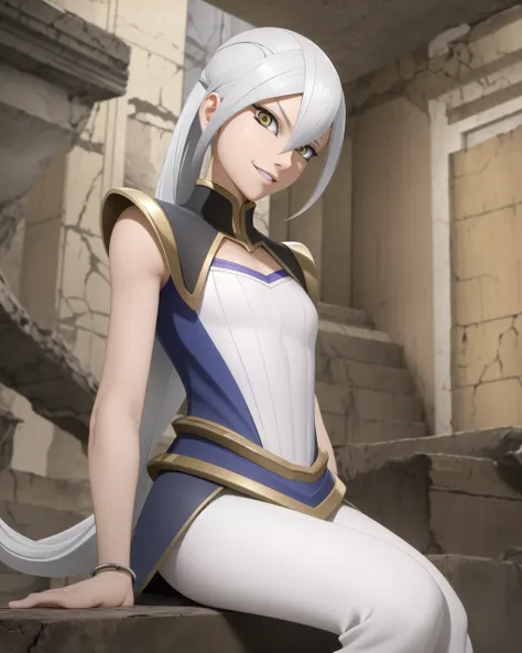 Masterpiece, best quality, detailed 4k, highres, photorealism, realistic, shot on Sony a7R IV Mirrorless Camera, <lora:Copy of TSisters:0.7>,
1girl, Grace Tyler, white hair, yellow eyes, long hair, ponytail, small breasts, clothes, from below,
Nighttime , ruins, on floor, warm lighting , solo, sitting on floor, (armor, sfw, :1.2 ), smirk, smile, silver bracelet, facing viewer,